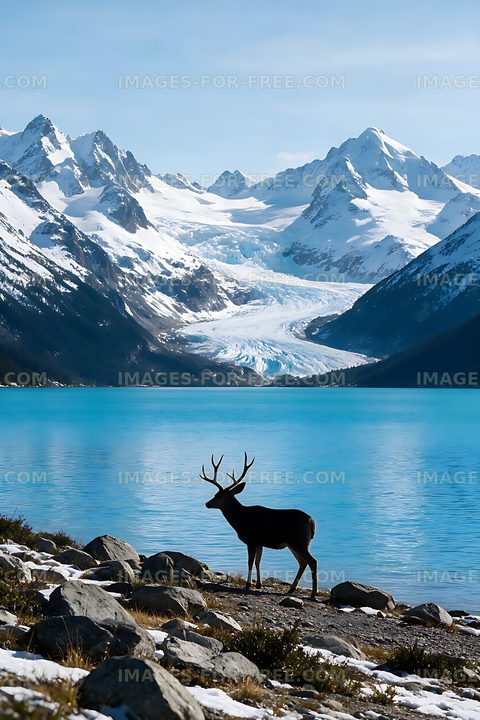 Antlered deer beside turquoise alpine lake