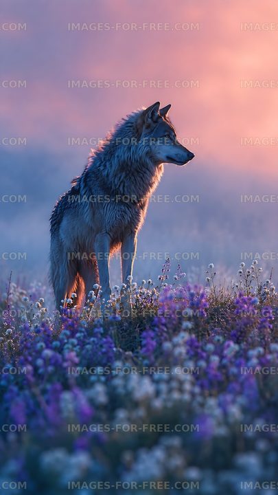 Wolf standing in a field of flowers at sunset