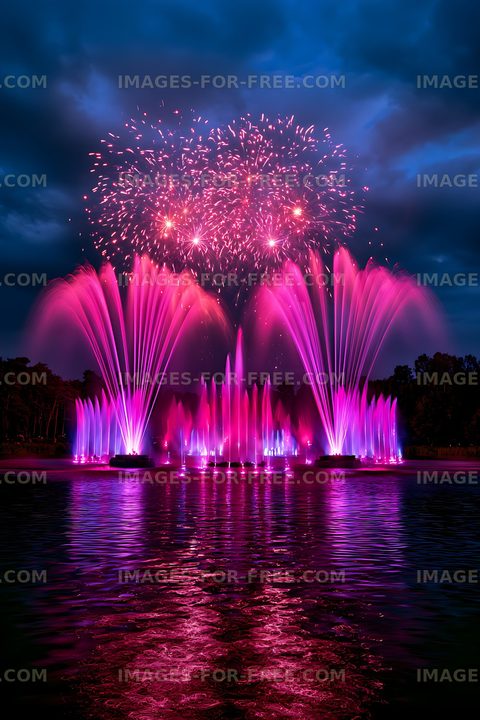 Pink and purple fountain show with fireworks at night