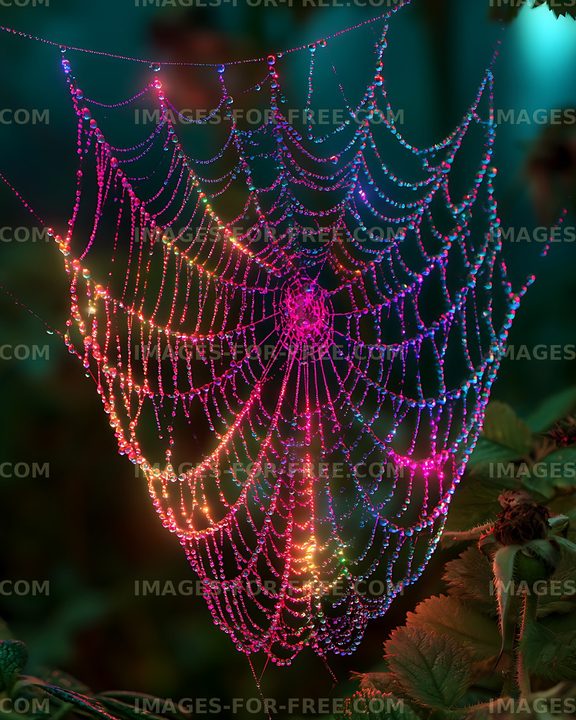 Colorful illuminated spider web with dew drops