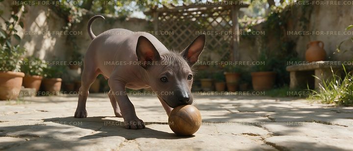 Hairless puppy with wooden ball outdoors