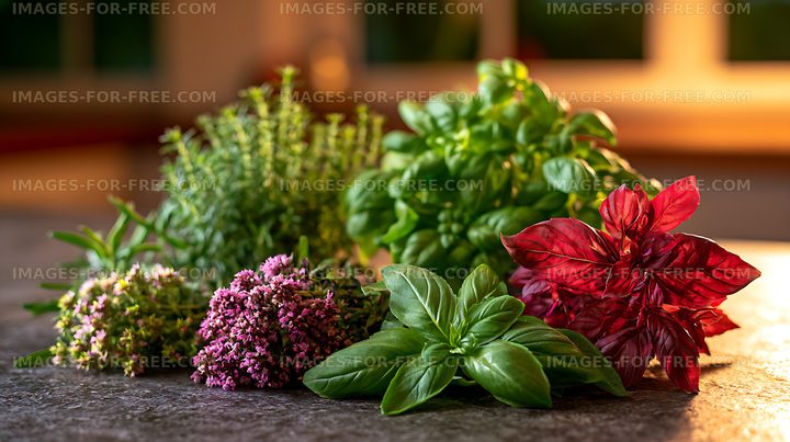 Fresh herbs and colorful flowering plants in warm indoor light