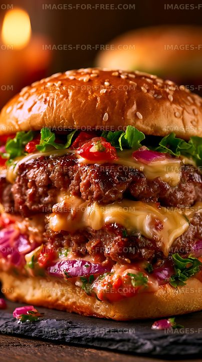 Close-up gourmet cheeseburger with fresh toppings