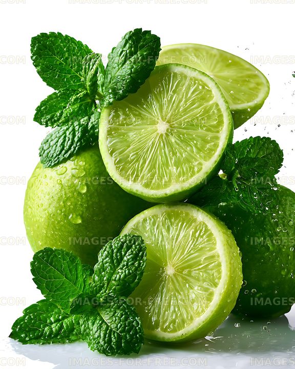 Limes and mint leaves with fresh water droplets