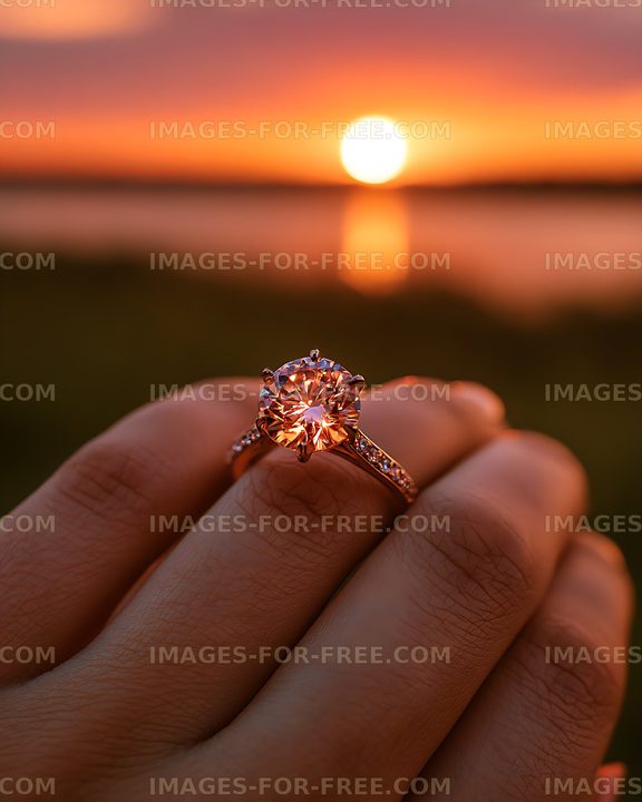 Engagement ring and sunset reflection