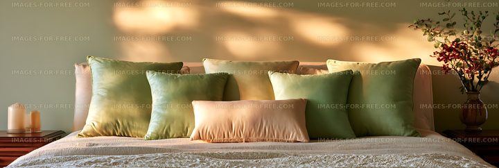 Cozy bedroom interior with layered pillows and soft warm lighting