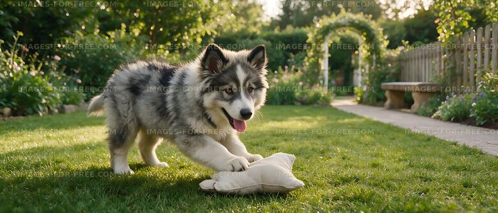 Gray and white puppy playing outdoors with a soft toy