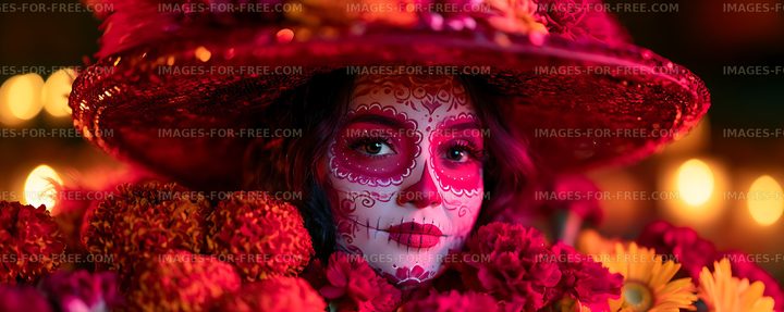 Close-up sugar skull makeup portrait surrounded by flowers