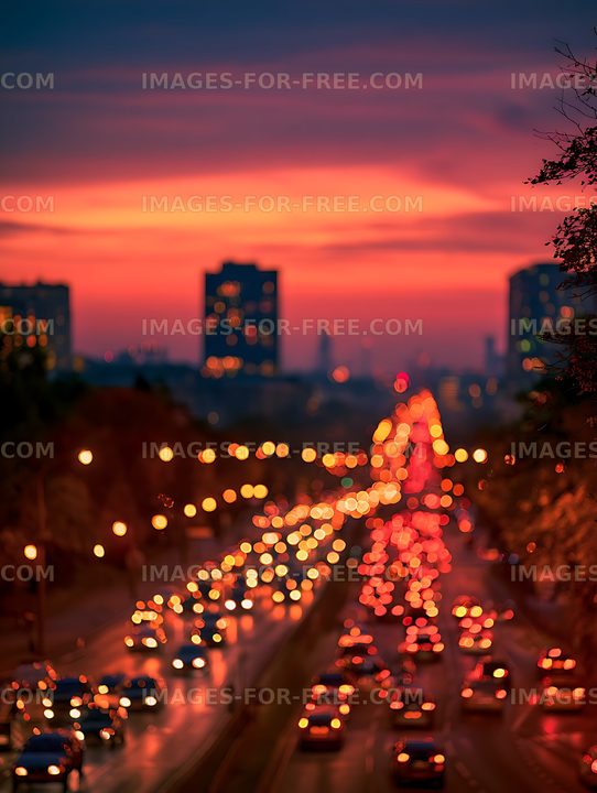 Vibrant bokeh traffic at sunset in the city