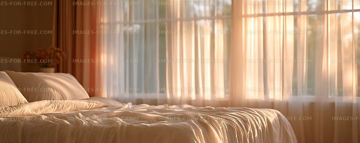 Warm sunlight across an unmade bedroom bed