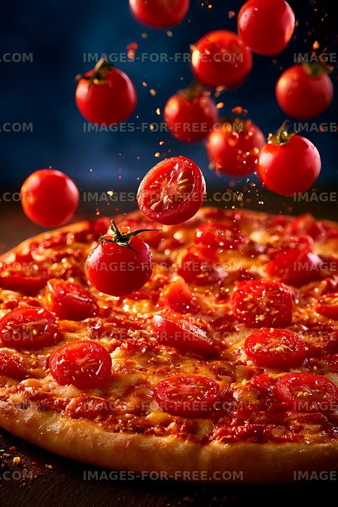 Fresh Pizza with Falling Tomatoes