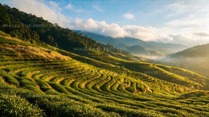 Sunlit terraced tea fields among mountain valleys