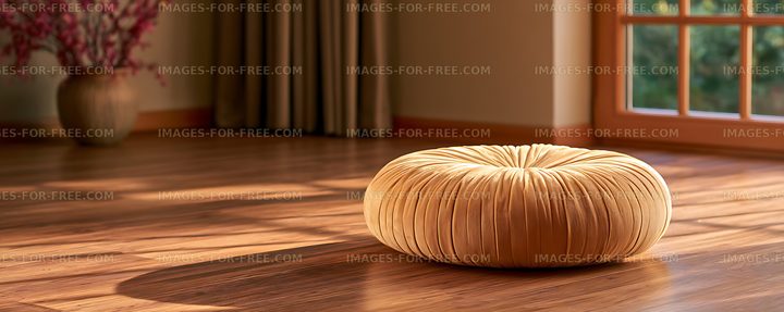 Round tufted cushion on a warm wooden floor