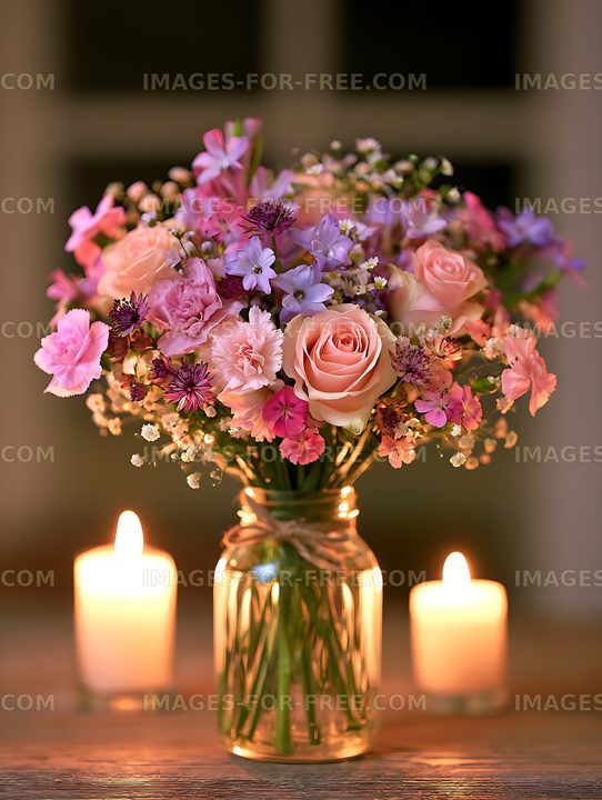 Pastel floral arrangement beside candlelight