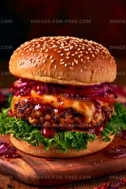 Loaded cheeseburger with sesame bun and colorful toppings