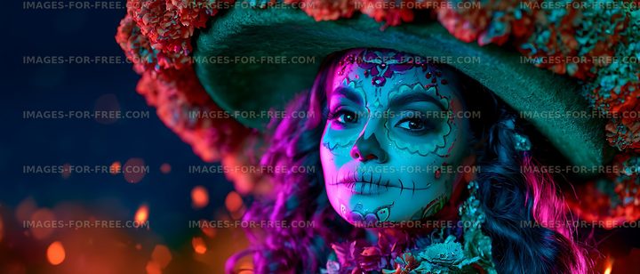 Vivid close-up portrait with skull-inspired makeup and floral hat