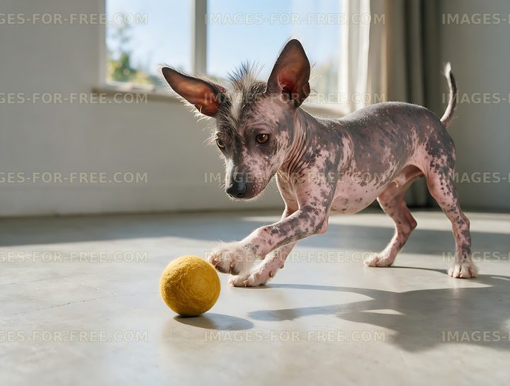 Hairless puppy playing with ball in a bright room