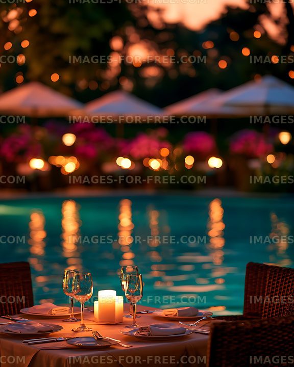 Outdoor candlelit dining table by a pool
