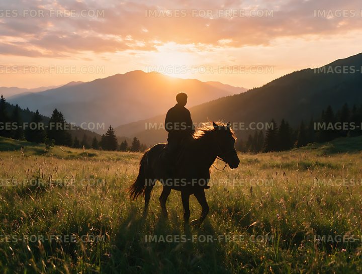 Rider and horse crossing a mountain meadow at sunset