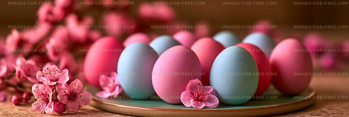 Pastel colored eggs with spring flowers