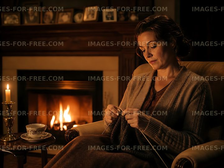 Woman knitting by the fireplace in a cozy room