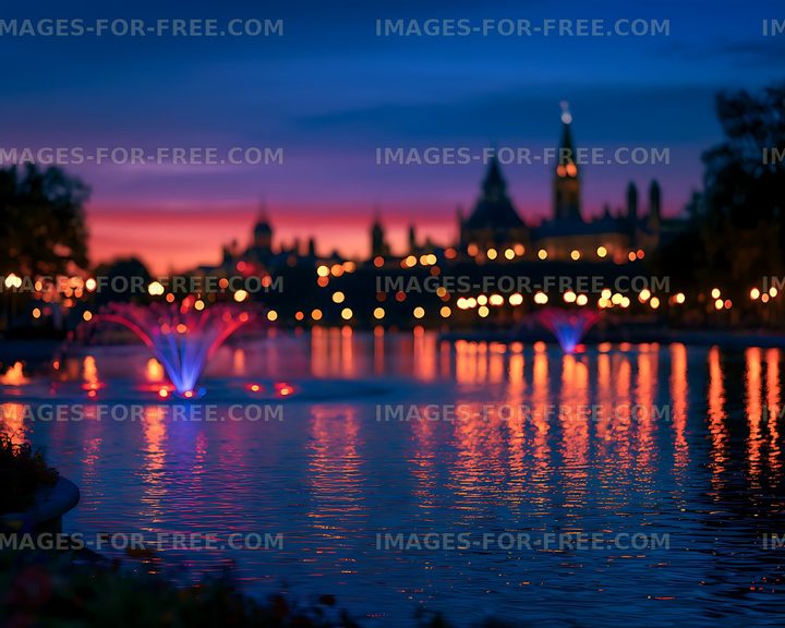 Colorful waterfront fountain reflections at twilight