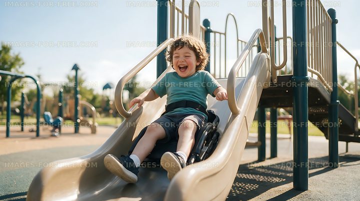 Disabled child smiling on an inclusive playground slide