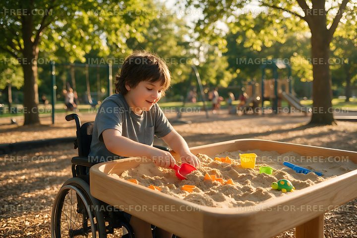 Child enjoying inclusive playground sand play