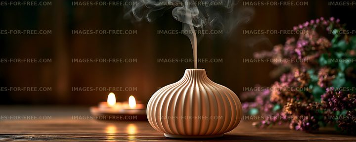 Decorative vase with smoke, candles, and flowers