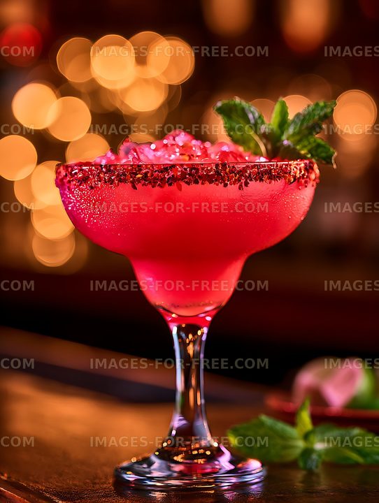 Vibrant red cocktail with lime and mint in warm bokeh
