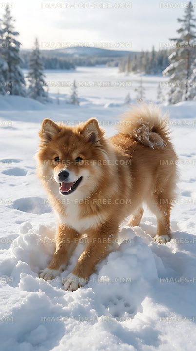 Happy fluffy puppy playing in fresh winter snow