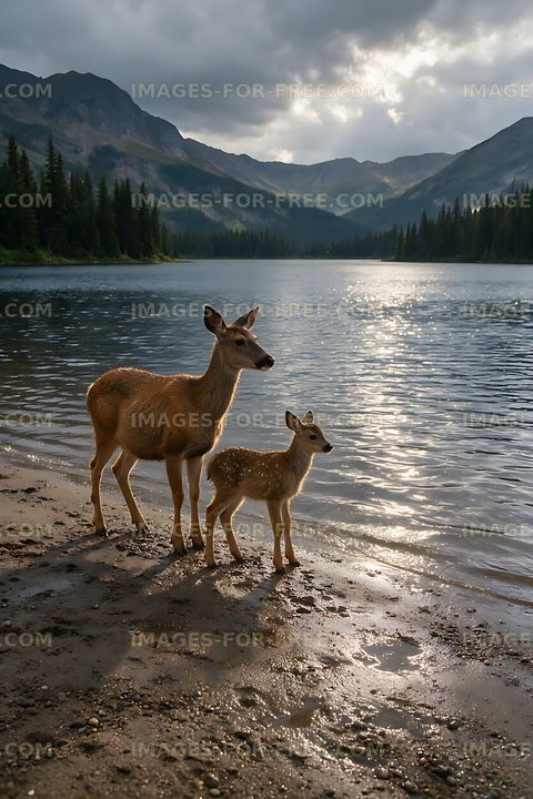 Deer on the shore of a mountain lake