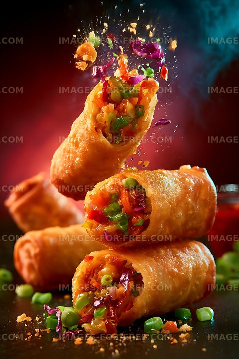 Colorful crispy vegetable spring rolls in dramatic food composition