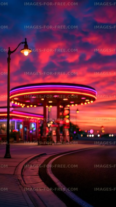 Colorful neon diner at sunset with curved road