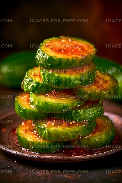 Glossy cucumber slices layered with chili sauce