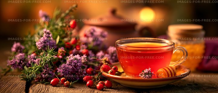 Red herbal tea surrounded by flowers and berries