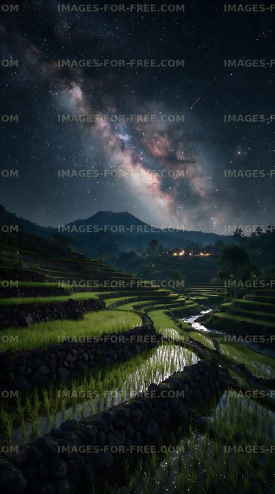 Mountain rice terraces under the Milky Way