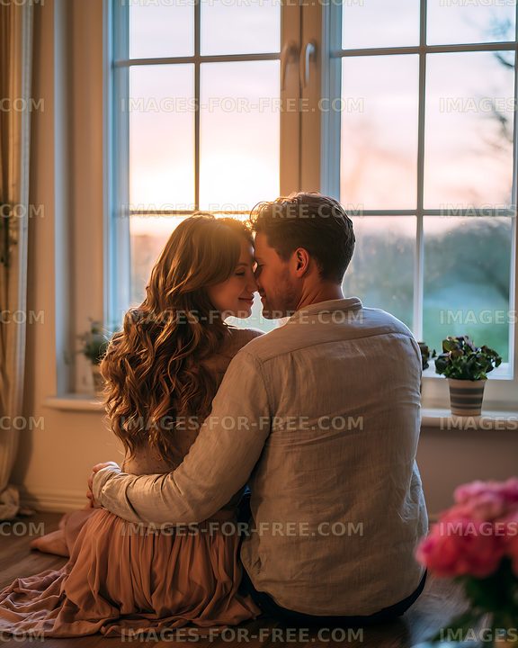 Romantic couple sitting together in warm window light