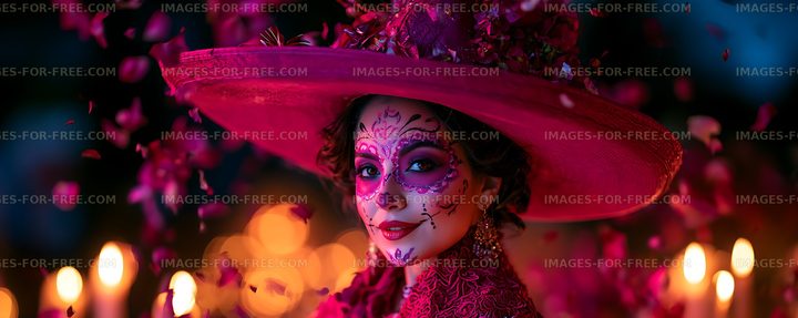 Colorful portrait of woman with painted face and floral hat