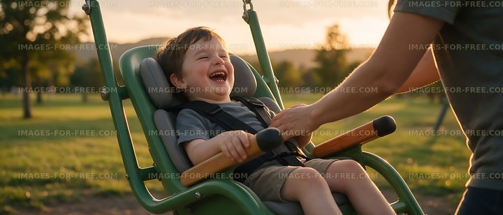 Laughing child enjoying an inclusive playground swing