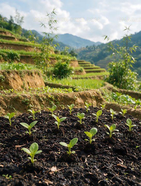 Seedlings growing across mountain terraces