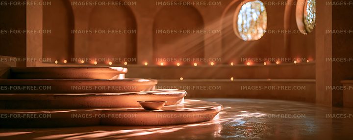Serene interior fountain illuminated by sunlight and candlelight
