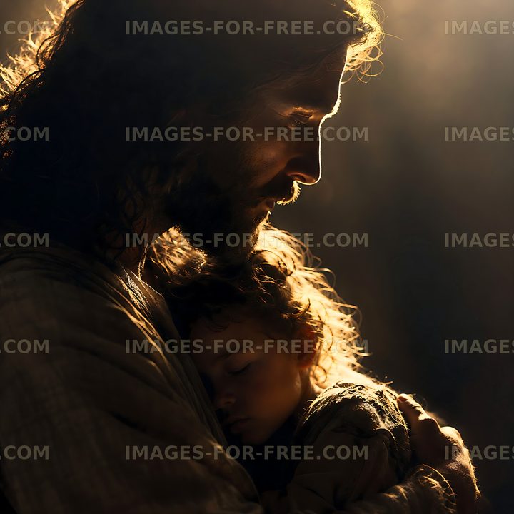 Father holding child in dark light setting