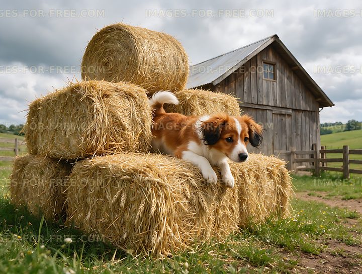 Playful Puppy on Hay Bales Near a Barn