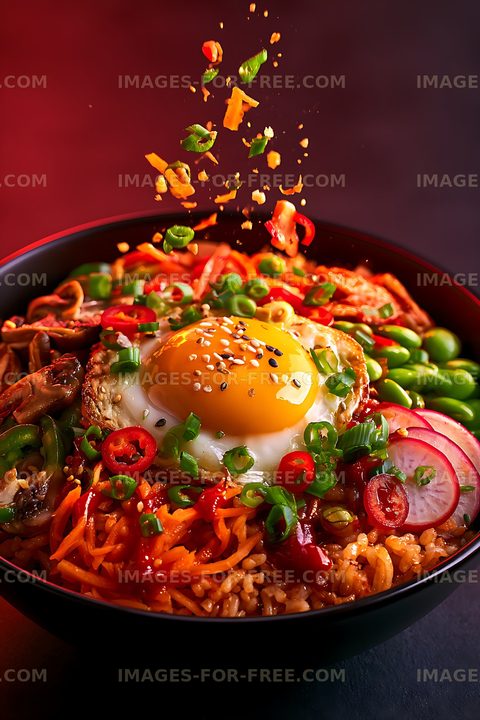 Colorful rice bowl topped with fried egg and vegetables