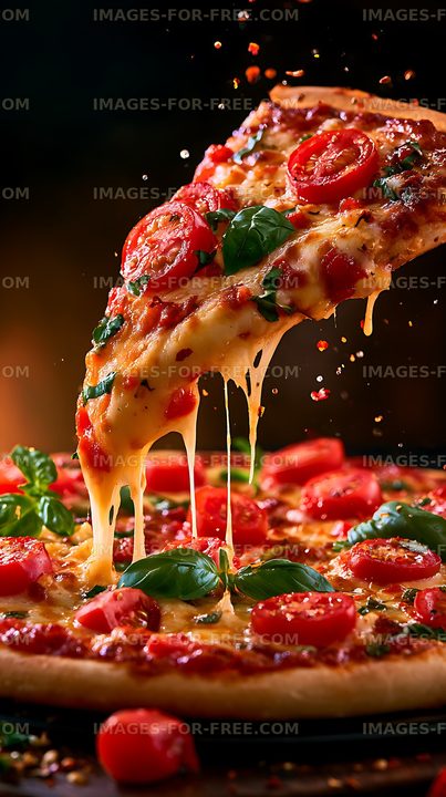 Tomato basil pizza slice with dramatic cheese stretch