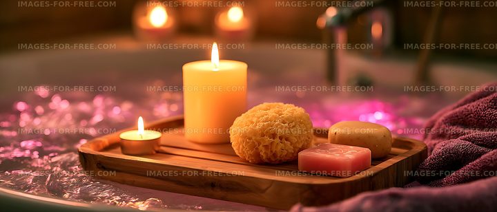 Relaxing candlelit bathtub with spa accessories