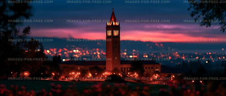 Historic illuminated tower and campus at colorful dusk