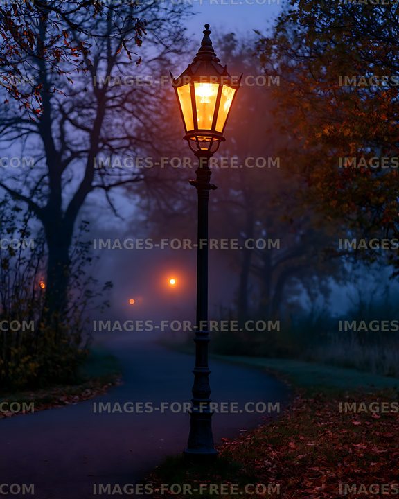 Illuminated lantern along a tree-lined autumn path