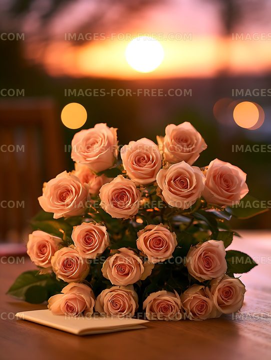 Peach roses with sunset bokeh and warm evening light